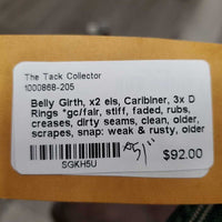 Belly Girth, x2 els, Caribiner, 3x D Rings *gc/fair, stiff, faded, rubs, creases, dirty seams, clean, older, scrapes, snap: weak & rusty, older
