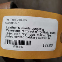 Leather & Suede Lungeing Cavesson, Nutcracker *gc/fair, older, dirty, stiff, dry, rubs, stains, film, pulled center, oxidized
