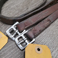 v.Narrow Thin Stirrup Leathers *fair/gc, dirt, undone stitching, stiff, dry, stretched, xholes, uneven
