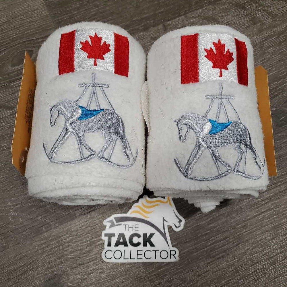 Pr Fleece Polo Wraps, embroidered *gc, clean, hairy, clumpy, dingy