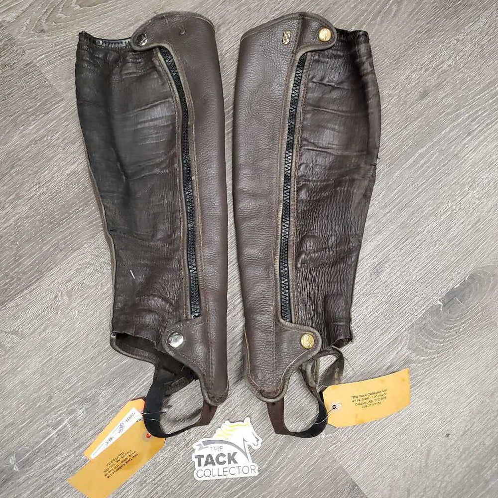 Pr Leather Half Chaps *fair, v.stretched, creased, cracks - holes, dry, stiff, clean, peeling, broken elastic, v.pilly, peeled seam