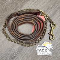 Leather Lead Shank, 30" Brass Nose Chain *fair, chewed, nameplate holes, scrapes, dry, stiff, dents, older, dirt
