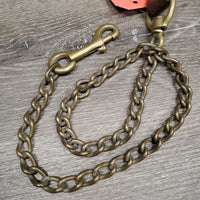 Leather Lead Shank, 30" Brass Nose Chain *fair, chewed, nameplate holes, scrapes, dry, stiff, dents, older, dirt
