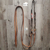 1 Ear Headstall, Engraved Loose Ring Bit, Hvy Thick Split Reins, All Rivets, Tin Silver Buckles & Trim *vgc/gc, mnr dirt, scraped edges, stains, mismatched
