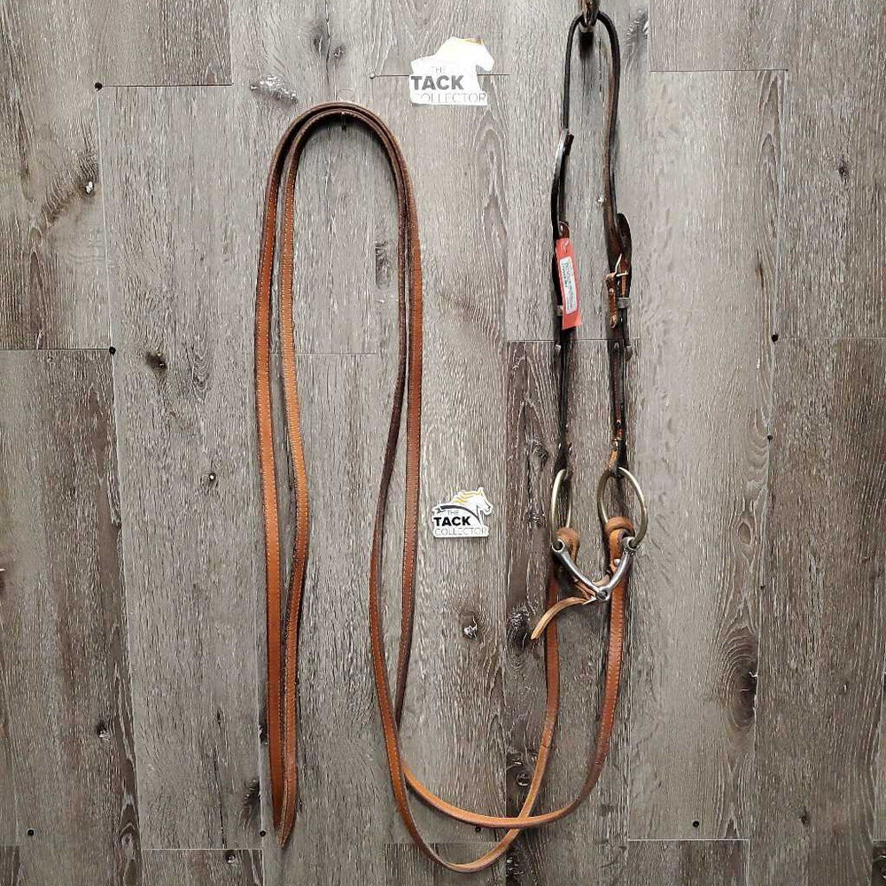 1 Ear Headstall, Engraved Loose Ring Bit, Hvy Thick Split Reins, All Rivets, Tin Silver Buckles & Trim *vgc/gc, mnr dirt, scraped edges, stains, mismatched