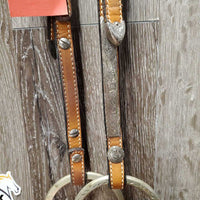 1 Ear Headstall, Engraved Loose Ring Bit, Hvy Thick Split Reins, All Rivets, Tin Silver Buckles & Trim *vgc/gc, mnr dirt, scraped edges, stains, mismatched
