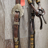 Rawhide Headstall, Short Rolled Reins, all Rivets, Silver Buckles *vgc/gc, sticky, film, older, mnr dirt?discolored, dents
