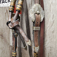 Rawhide Headstall, Short Rolled Reins, all Rivets, Silver Buckles *vgc/gc, sticky, film, older, mnr dirt?discolored, dents
