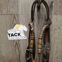 Rawhide Headstall, Short Rolled Reins, all Rivets, Silver Buckles *vgc/gc, sticky, film, older, mnr dirt?discolored, dents
