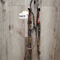 Rawhide Headstall, Short Rolled Reins, all Rivets, Silver Buckles *vgc/gc, sticky, film, older, mnr dirt?discolored, dents
