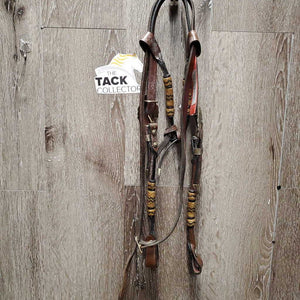 Rawhide Headstall, Short Rolled Reins, all Rivets, Silver Buckles *vgc/gc, sticky, film, older, mnr dirt?discolored, dents