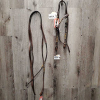 Rawhide Headstall, Short Rolled Reins, all Rivets, Silver Buckles *vgc/gc, sticky, film, older, mnr dirt?discolored, dents
