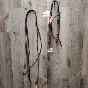 Rawhide Headstall, Short Rolled Reins, all Rivets, Silver Buckles *vgc/gc, sticky, film, older, mnr dirt?discolored, dents