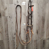 Soft Headstall, Copper Tom Thumb Bit, Hvy Thick Split Reins, laces *gc, dirt, mismatched, dents, stains, rubs
