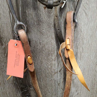 Soft Headstall, Copper Tom Thumb Bit, Hvy Thick Split Reins, laces *gc, dirt, mismatched, dents, stains, rubs
