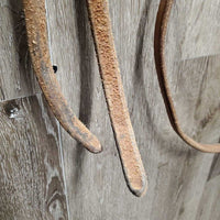 Soft Headstall, Copper Tom Thumb Bit, Hvy Thick Split Reins, laces *gc, dirt, mismatched, dents, stains, rubs
