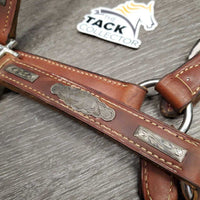 MacPherson Double Stitched Leather Show Halter with Engraved Silver *vgc, v. mnr dirt, rubs, sm dents, tarnished silver
