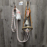 Braided Rawhide Bosal, Leather Hanger, Cotton Rope Fiador, Nylon Rope Mecate Reins, horse hair tassels *vgc, frayed rope end
