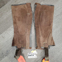 JUNIORS Light Suede Half Chaps *gc/fair, dirty, faded, peeled, rubs, stains, elastics: dirty & stretched, unstitched seam
