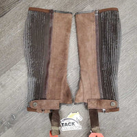 JUNIORS Light Suede Half Chaps *gc/fair, dirty, faded, peeled, rubs, stains, elastics: dirty & stretched, unstitched seam
