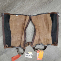 JUNIORS Light Suede Half Chaps *gc/fair, dirty, faded, peeled, rubs, stains, elastics: dirty & stretched, unstitched seam
