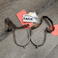 Vintage v.Fine Narrow Ball End Spurs, Attached Leather Spur Straps *gc, scratches, rust spots, mnr dirty straps