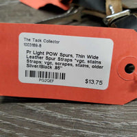 Pr Light POW Spurs, Thin Wide Leather Spur Straps *vgc, stains Straps: vgc, scrapes, stains, older
