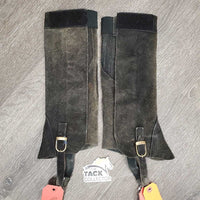 Pr Suede Half Chaps, velcro, buckle foot elastics *gc, older, faded, clean, discolored, stains
