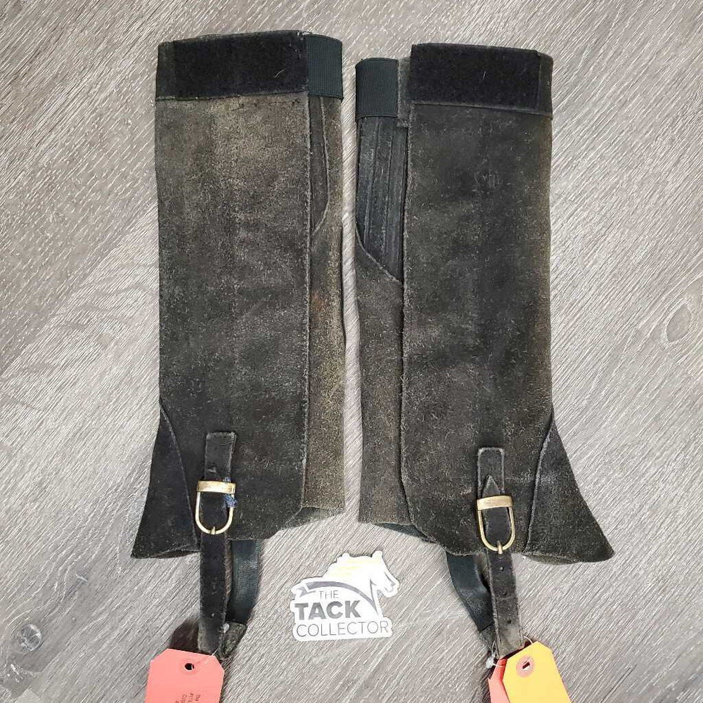 Pr Suede Half Chaps, velcro, buckle foot elastics *gc, older, faded, clean, discolored, stains