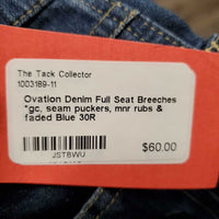 Denim Full Seat Breeches *gc, seam puckers, mnr rubs & faded
