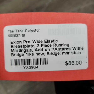 Wide Elastic Breastplate, 2 Piece Running Martingale, Add on ?Antares Wither Bridge *like new, Bridge: mnr stain & residue, mnr residue