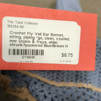 Crochet Fly Veil Ear Bonnet, string, piping *gc, clean, v.curled, mnr stains & frays, older, shrunk?puckered

