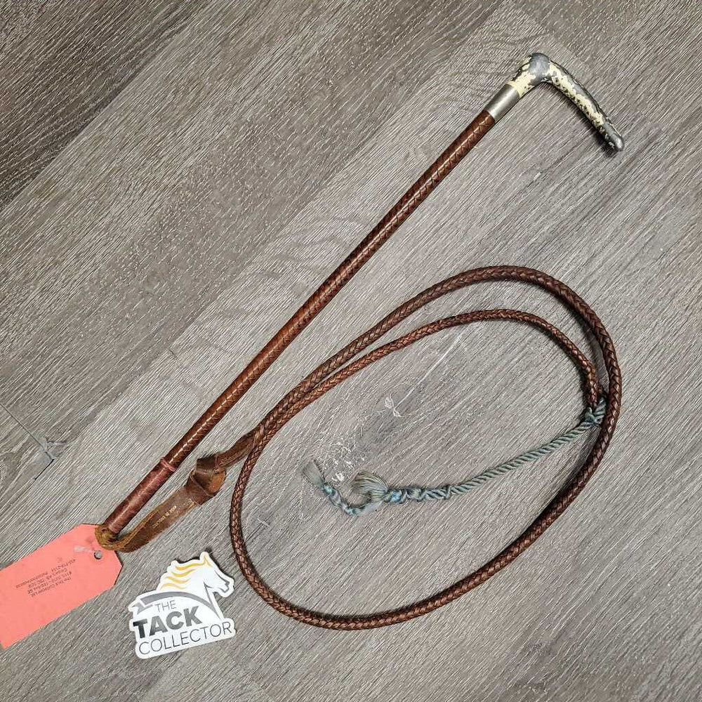 Vintage Braided Leather Hunting Whip, Metal Handle *vgc, rubs, faded, stains, scuffs, peeled handle, scrapes