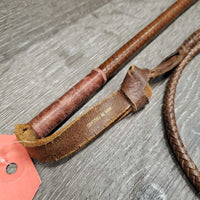 Vintage Braided Leather Hunting Whip, Metal Handle *vgc, rubs, faded, stains, scuffs, peeled handle, scrapes
