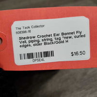 Crochet Ear Bonnet Fly Veil, piping, string, tag *new, curled edges, older