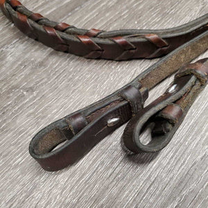 Wide Leather Braided Reins *gc/fair, stiff, loose thread/stitches, dry, rubs