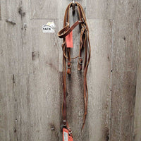 Flat Leather Headstall, Short Leather Split Reins, 4 Conway Buckles *xc, clean, dent/stain, CRACKLES, v.stiff Spots
