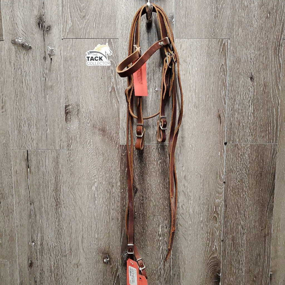 Flat Leather Headstall, Short Leather Split Reins, 4 Conway Buckles *xc, clean, dent/stain, CRACKLES, v.stiff Spots