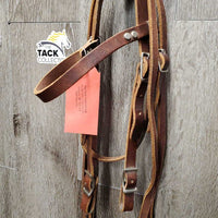 Flat Leather Headstall, Short Leather Split Reins, 4 Conway Buckles *xc, clean, dent/stain, CRACKLES, v.stiff Spots
