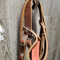 Flat Leather Headstall, Short Leather Split Reins, 4 Conway Buckles *xc, clean, dent/stain, CRACKLES, v.stiff Spots
