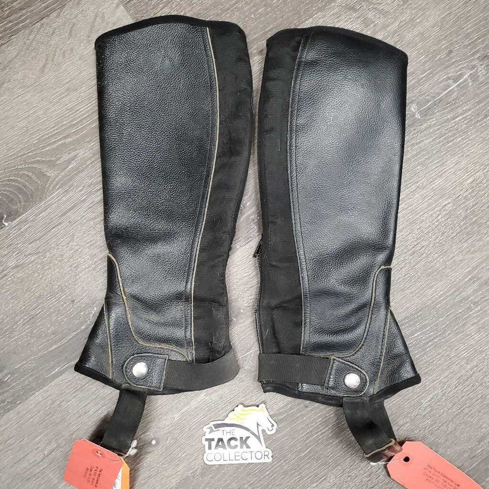 Pr Leather Half Chaps, Back Zipper *fair, hairy, dirty, holey & stretched elastic, popping zippers, rubs