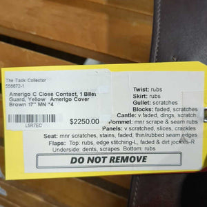 17" MN *4 Amerigo C Close Contact, 1 Billet Guard, Yellow Amerigo Cover, Wool/Felt Flocking, Large Front & Back Blocks. Flaps: 13.5"L x 13" W Serial #: 17 N 1533110 C