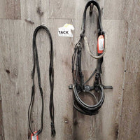 Monocrown Dressage Bridle, Crank, Flash, Rubber lined Reins, Bling *gc, clean, rubs, threads, mnr dirt, tight keepers
