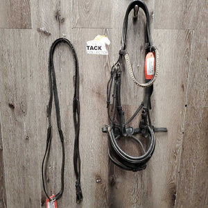 Monocrown Dressage Bridle, Crank, Flash, Rubber lined Reins, Bling *gc, clean, rubs, threads, mnr dirt, tight keepers