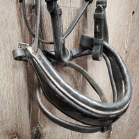 Monocrown Dressage Bridle, Crank, Flash, Rubber lined Reins, Bling *gc, clean, rubs, threads, mnr dirt, tight keepers
