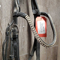 Monocrown Dressage Bridle, Crank, Flash, Rubber lined Reins, Bling *gc, clean, rubs, threads, mnr dirt, tight keepers
