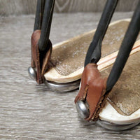 Tall Safety Stirrup Irons, elastics, leather keepers, sandpaper grips *vgc, clean, dirty & misfit grips
