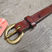 Flat Narrow Leather Belt, Brass Buckle *gc, clean, scrapes, rubs, older, stains

