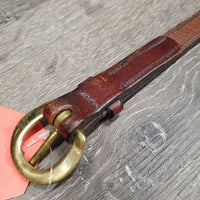 Flat Narrow Leather Belt, Brass Buckle *gc, clean, scrapes, rubs, older, stains
