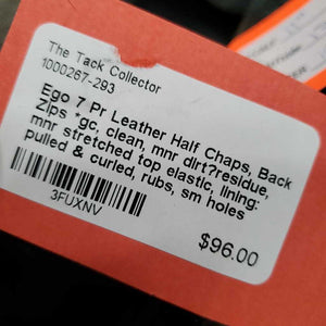 Pr Leather Half Chaps, Back Zips *gc, clean, mnr dirt?residue, mnr stretched top elastic, lining: pulled & curled, rubs, sm holes